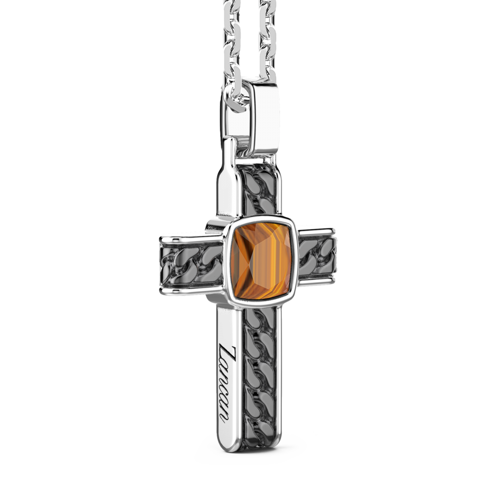 Silberkette mit Kreuzanhänger und viereckigem Tigerauge.