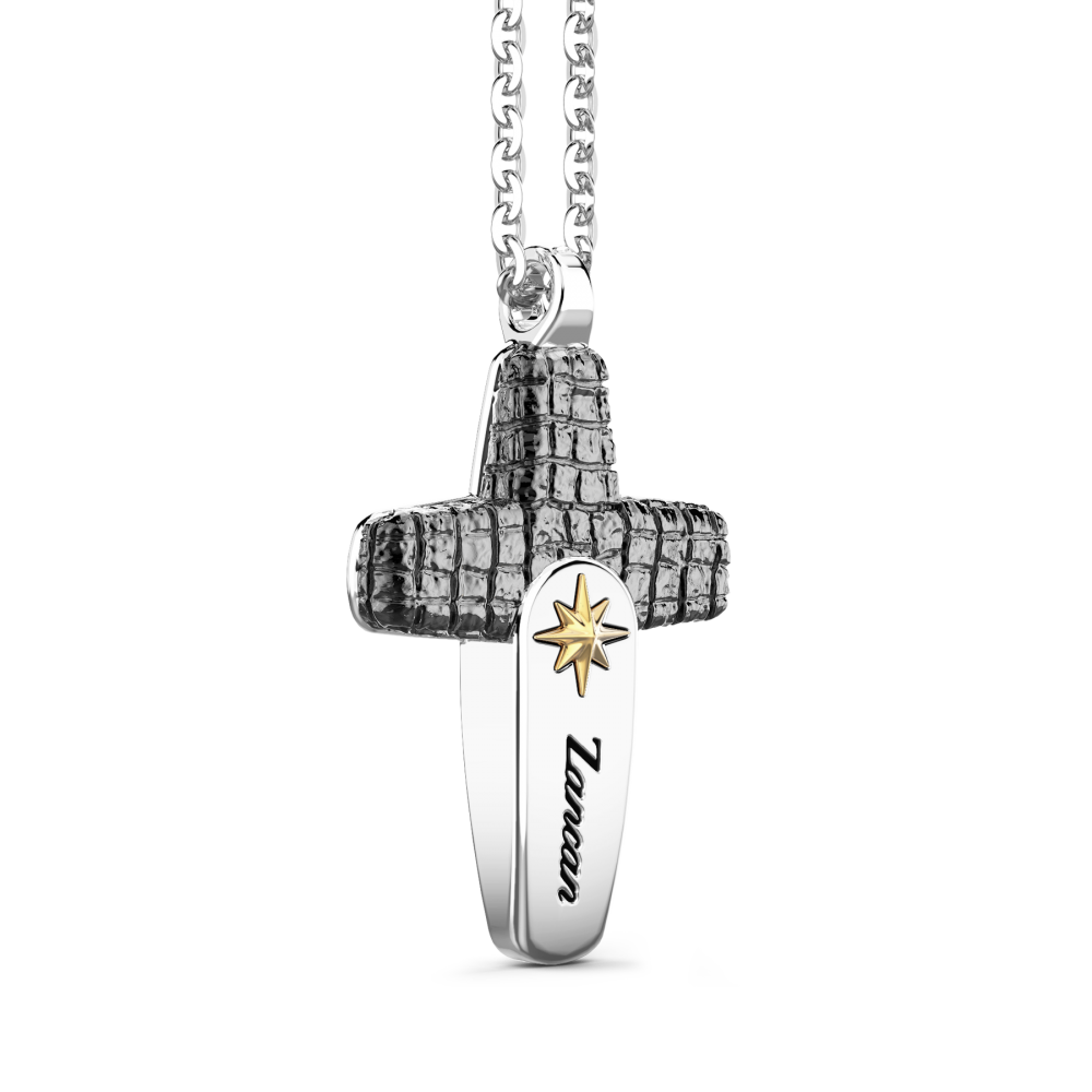 Zancan silver necklace with leather effect cross pendant.