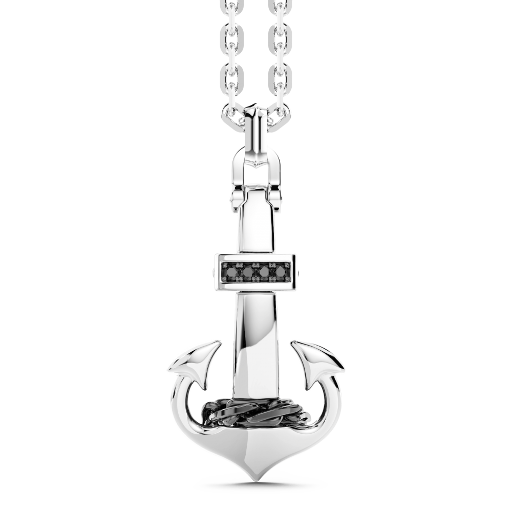 Collana Zancan in argento con pendente ad ancora e pietre nere.