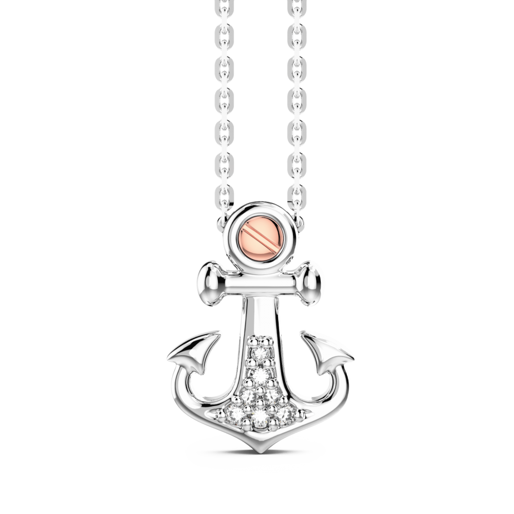 Zancan-Kette aus Silber mit Ankeranhänger und weißen Edelsteinen.