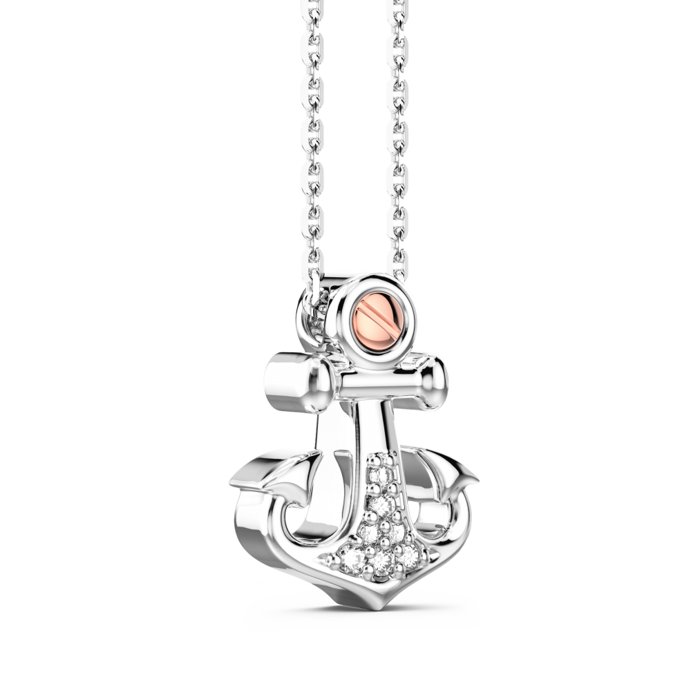 Zancan-Kette aus Silber mit Ankeranhänger und weißen Edelsteinen.